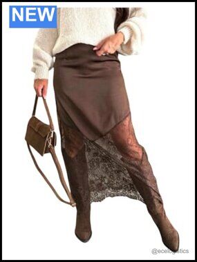 Plus Size Lace Trim Maxi Skirt A-Line Stretch Waist Night Out